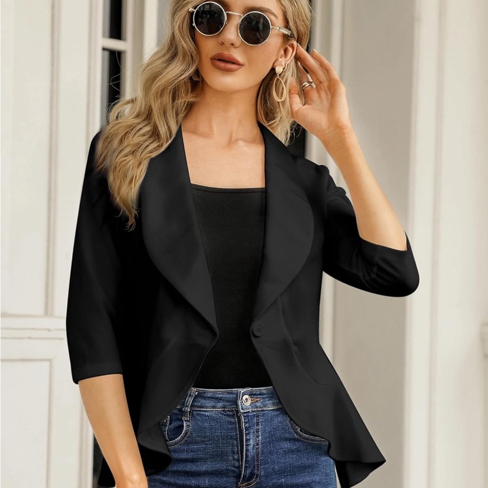 KOJOOIN Womens Casual Blazer 3/4 Sleeve Open Front Ruffle Work Office Cardigan